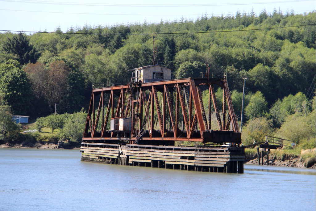 The abandoned Northern Pacific Railway Hoquiam River Swing Bridge still stands over the picturesque Hoquiam River in Grays Harbor County, Washington. The bridge was owned by the Northern Pacific Railway (later the Puget Sound & Pacific Railroad).